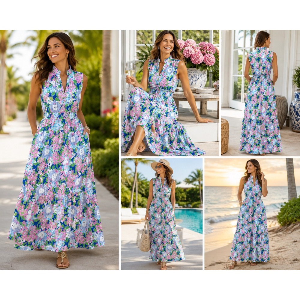Lilly Pulitzer Maxi Dress S Lion Hydrangea Print Resort Holiday Coastal Classic